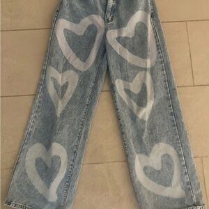 Heart Motif Light Blue Wide Leg Jeans